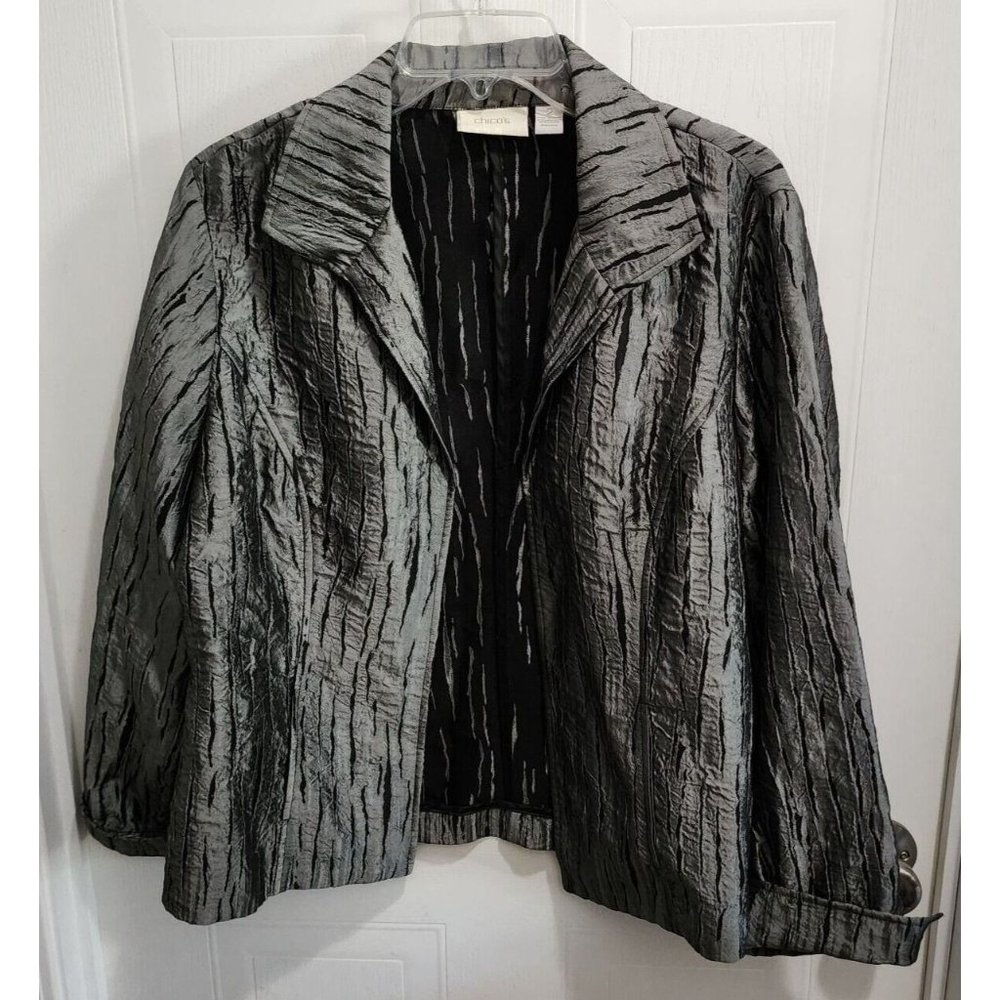 Chico's Women's Long Sleeve Open Front Jacket Crinkle Silver Metallic Gray Sz L